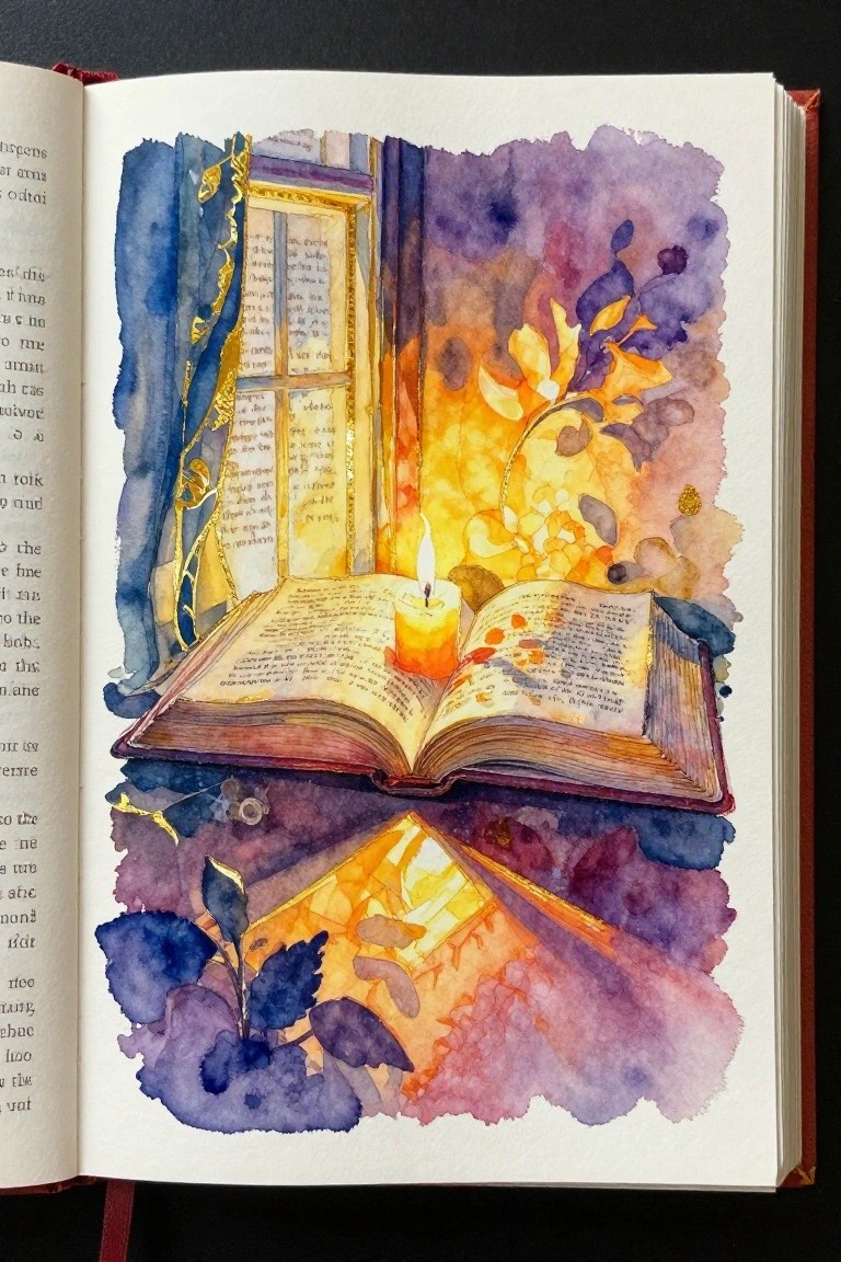 Watercolor of an open book with candle on top, lit by window light amid blue curtains and purple-yellow leaves.
