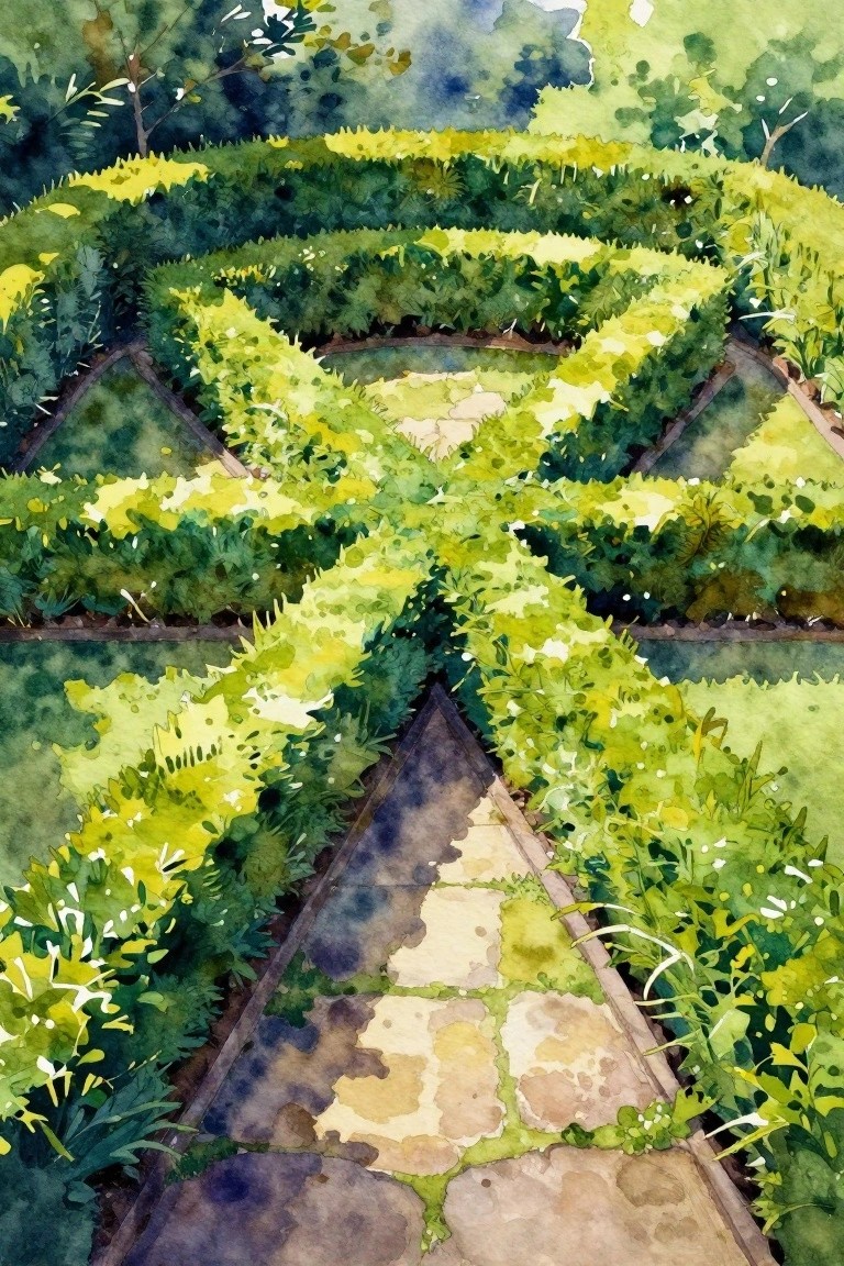 Watercolor of a green hedge maze shaped like a cross with stone paths leading inward.