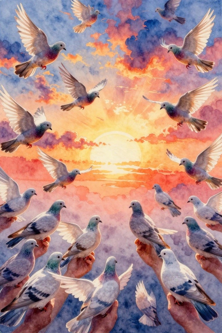 Watercolor-style image of many white doves flying in a circle around an orange sunset sun in a pink and purple sky, with hands at the bottom holding some doves.