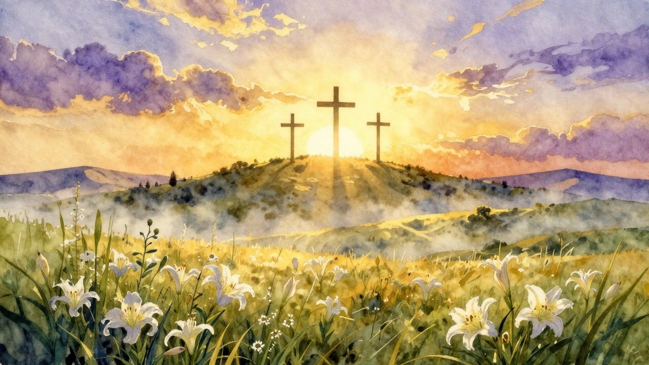 Watercolor landscape of three black crosses on a hill silhouetted against a radiant orange sunrise with purple clouds and a foreground field of white lilies.
