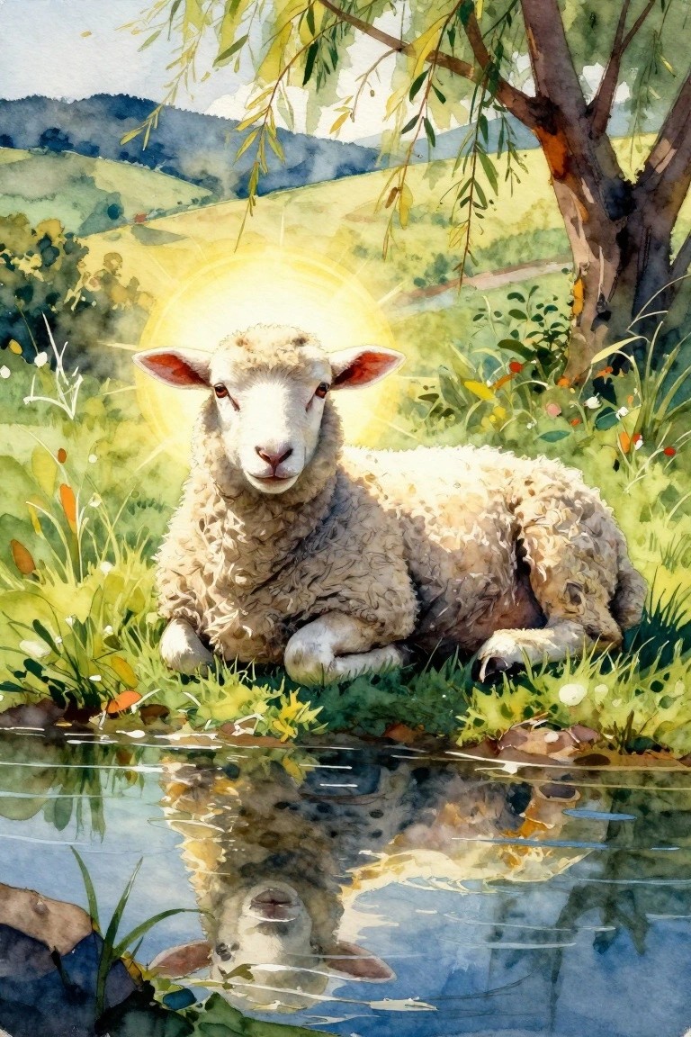 Watercolor of a white lamb with golden halo lying in green grass beside a pond with its reflection, willow tree, flowers, stream, and distant hills.