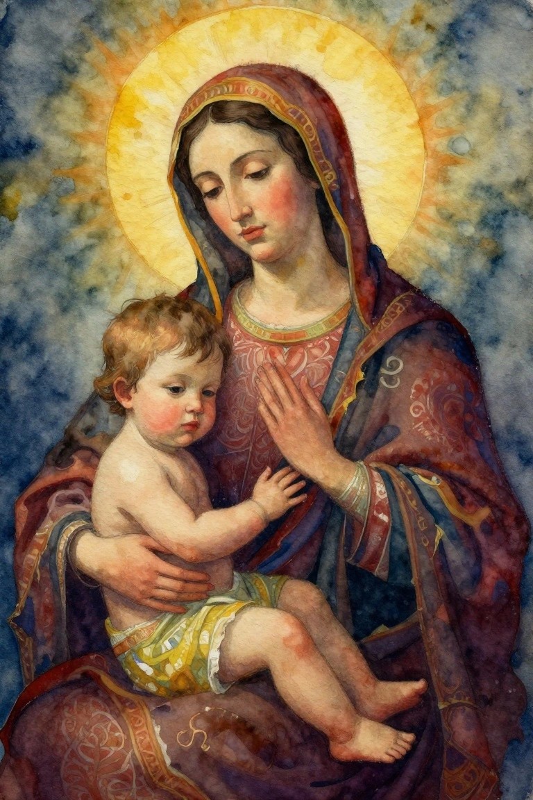 Watercolor-style painting of the Virgin Mary in red and blue robes holding a lightly clothed baby Jesus, with a large golden halo and dark blue background.