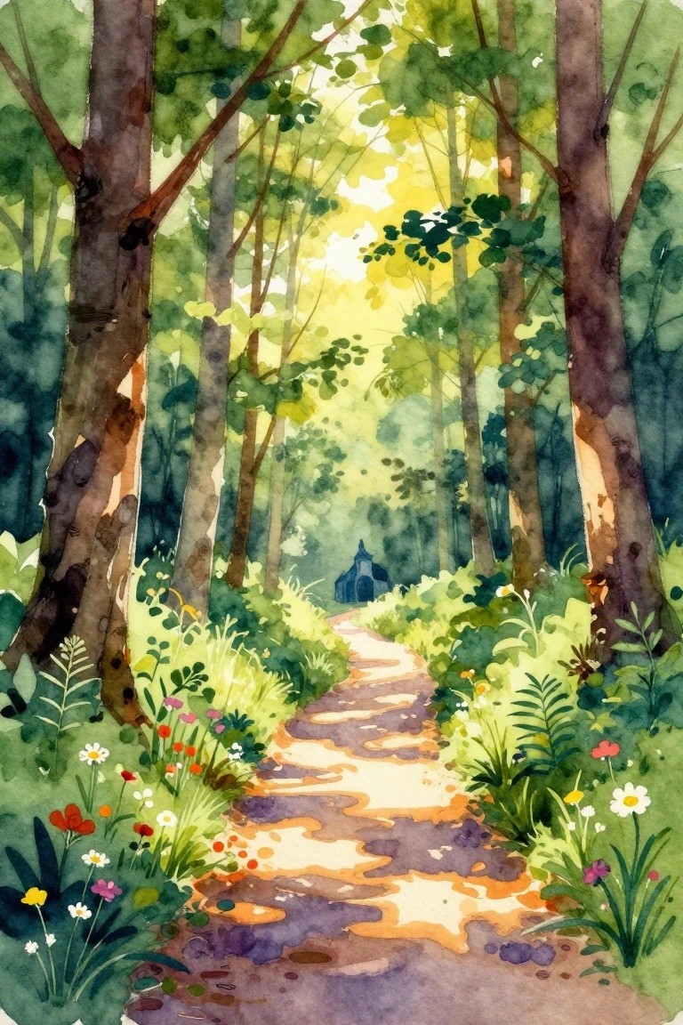 Watercolor landscape of a sunlit path through green trees and flowers leading to a distant blue chapel.