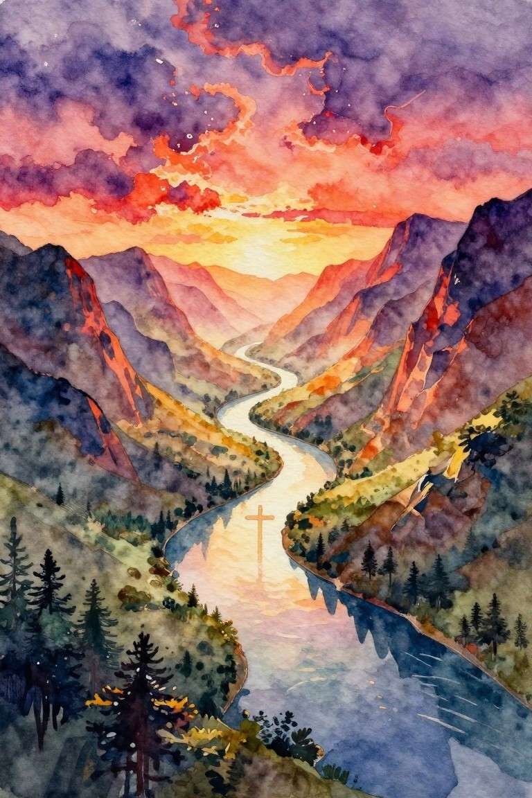 Watercolor landscape of a sunset-lit mountain valley with a winding river reflecting a white cross.