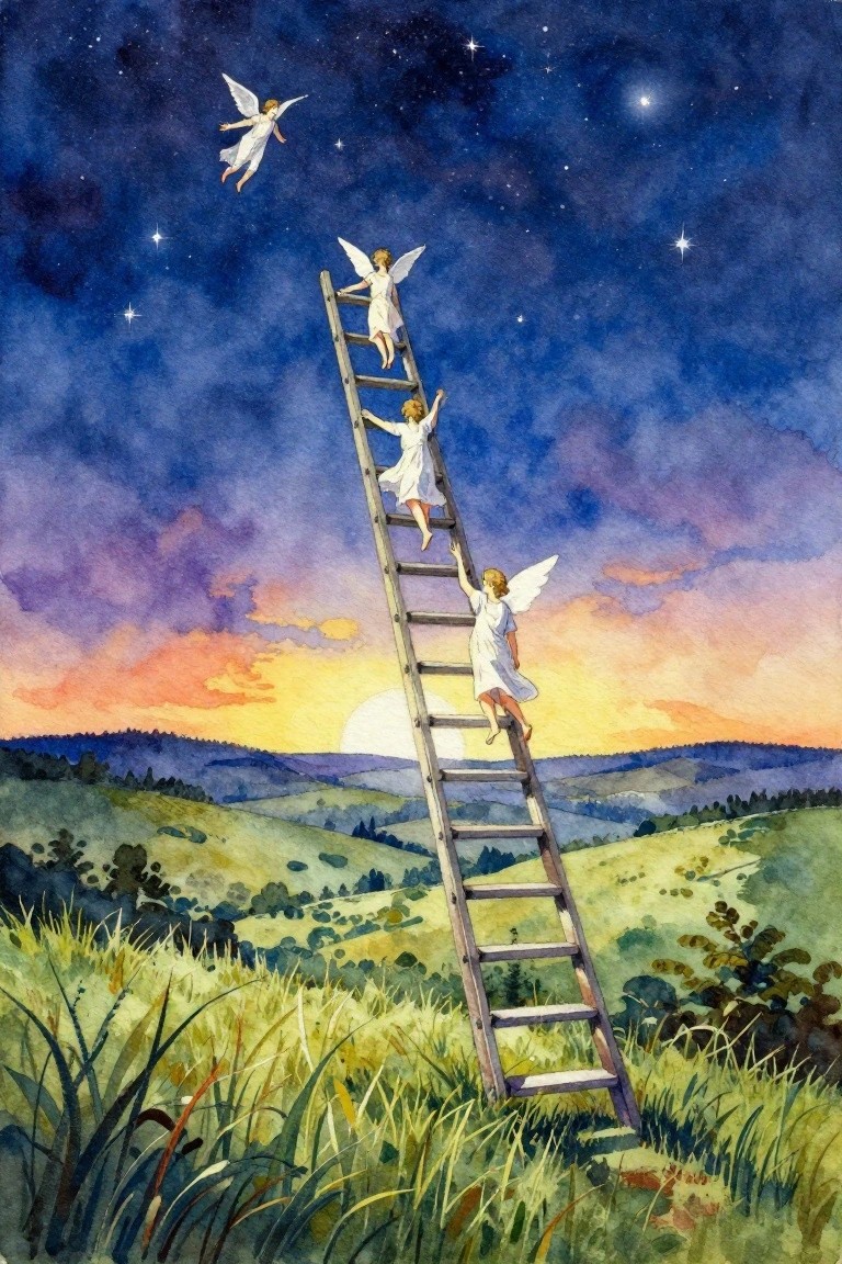 Watercolor of angels with wings climbing a tall ladder from sunset hills to starry sky.