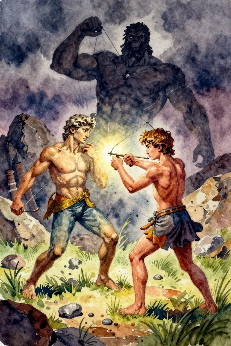Watercolor of two bare-chested young men in loincloths holding bows, one shooting a glowing arrow at a huge shadowy dreadlocked giant looming above rocky grass and mountains under stormy skies.