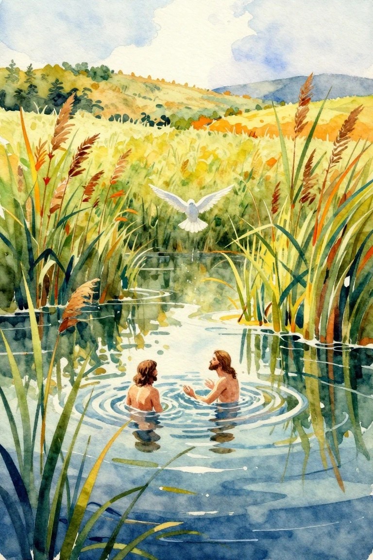 Watercolor of John baptizing Jesus nude in a reed-lined river with a dove flying above and autumn fields beyond.