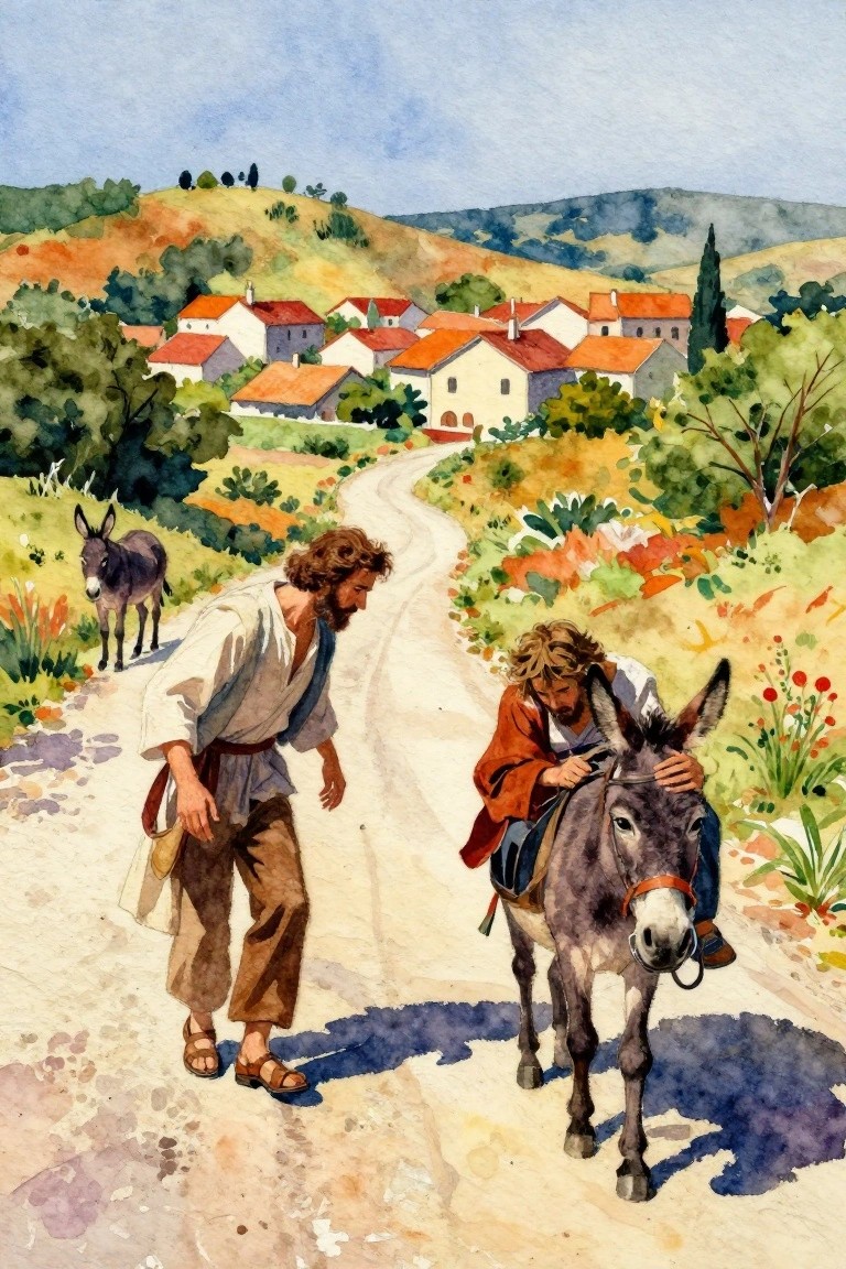 Watercolor of a bearded man walking beside a donkey ridden by a robed boy on a path through a Mediterranean hillside village with houses, trees, and flowers.