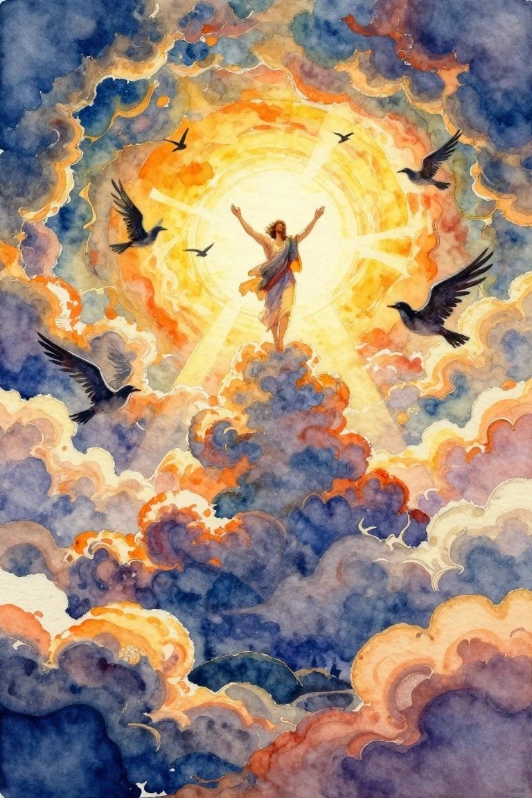 Watercolor painting of a robed bearded figure with arms outstretched toward a central glowing sun atop clouds, circled by multiple dark ravens in a blue-orange sky.