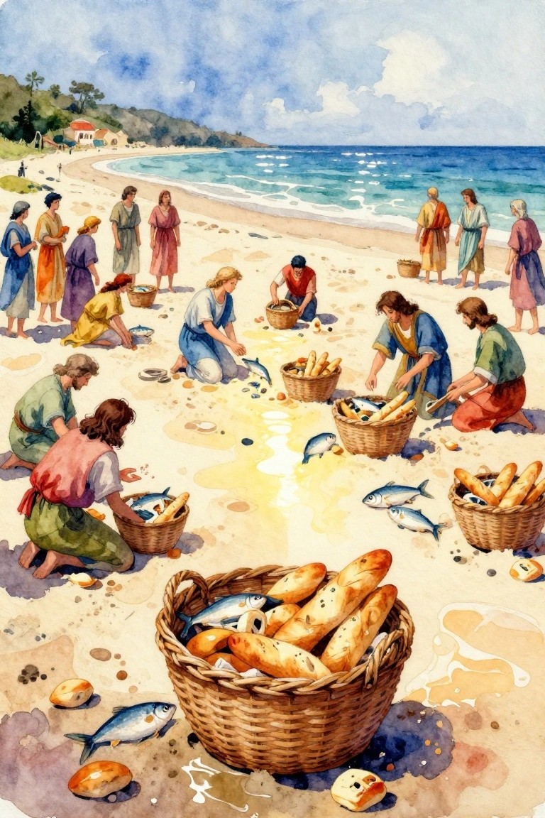 Watercolor of biblical figures in robes on a beach, kneeling to collect fish and loaves from baskets amid a glowing sand path.