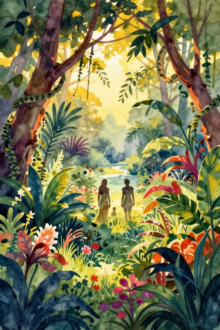 Watercolor of silhouetted man, woman, and two children walking through lush green jungle foliage toward a river, with a snake coiled on a tree trunk.