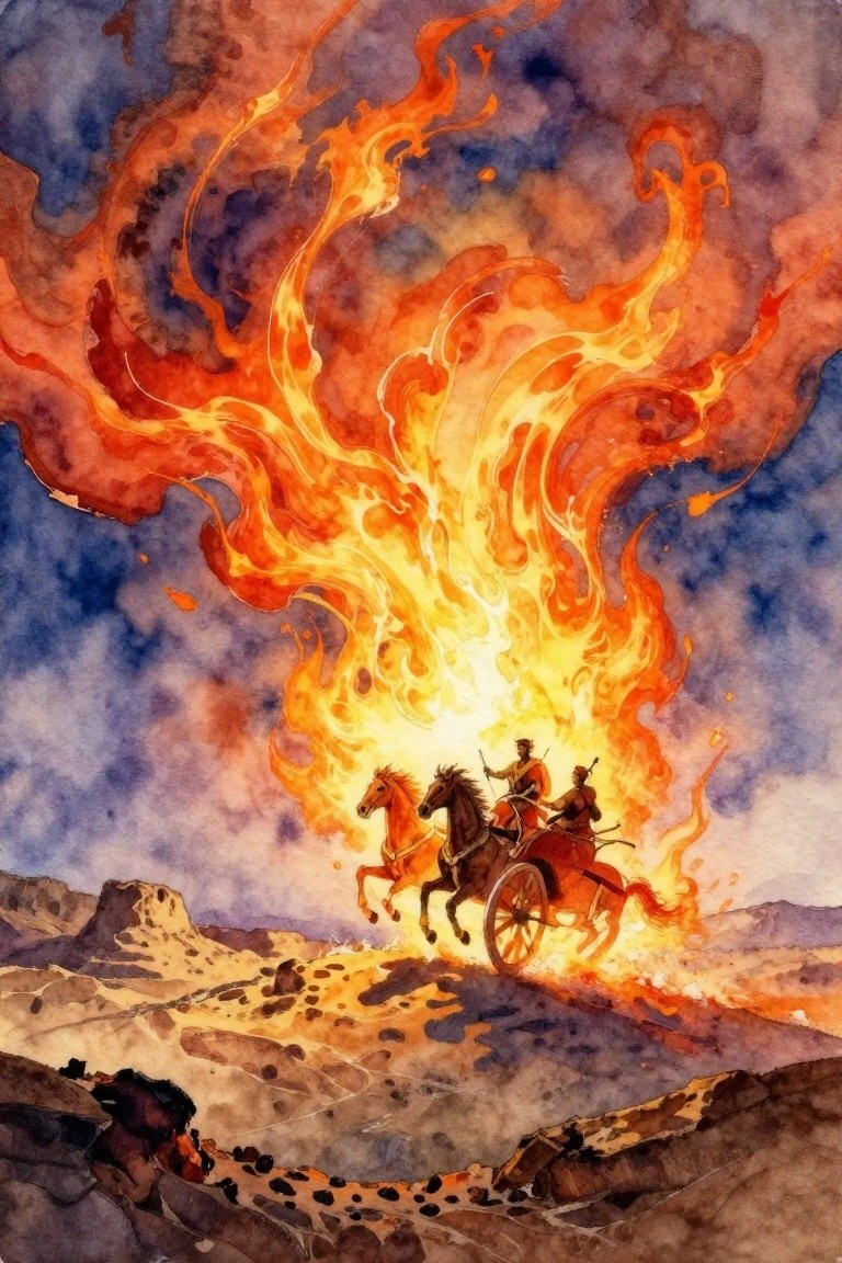 Watercolor of two figures in a horse-drawn chariot amid swirling flames over a desert landscape.