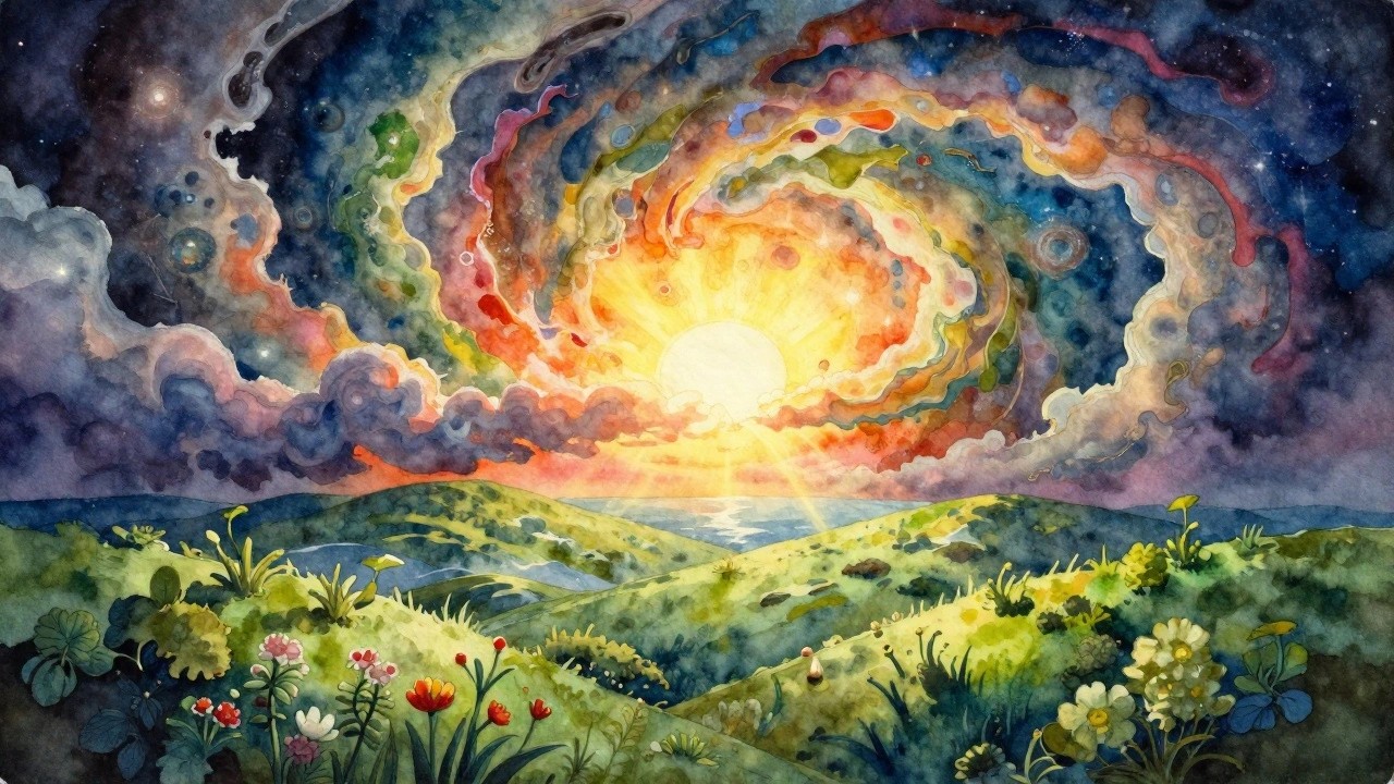 Watercolor painting of Earth globe in green hills and plants, illuminated by golden rays from a bright sun in cosmic blue skies with clouds and galaxies.