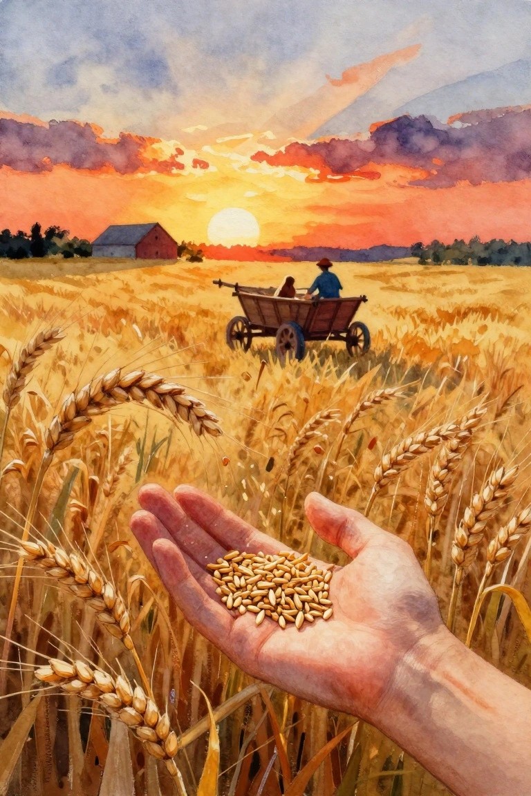 Watercolor of a hand holding wheat grains amid golden field at sunset with barn and wagon in background.