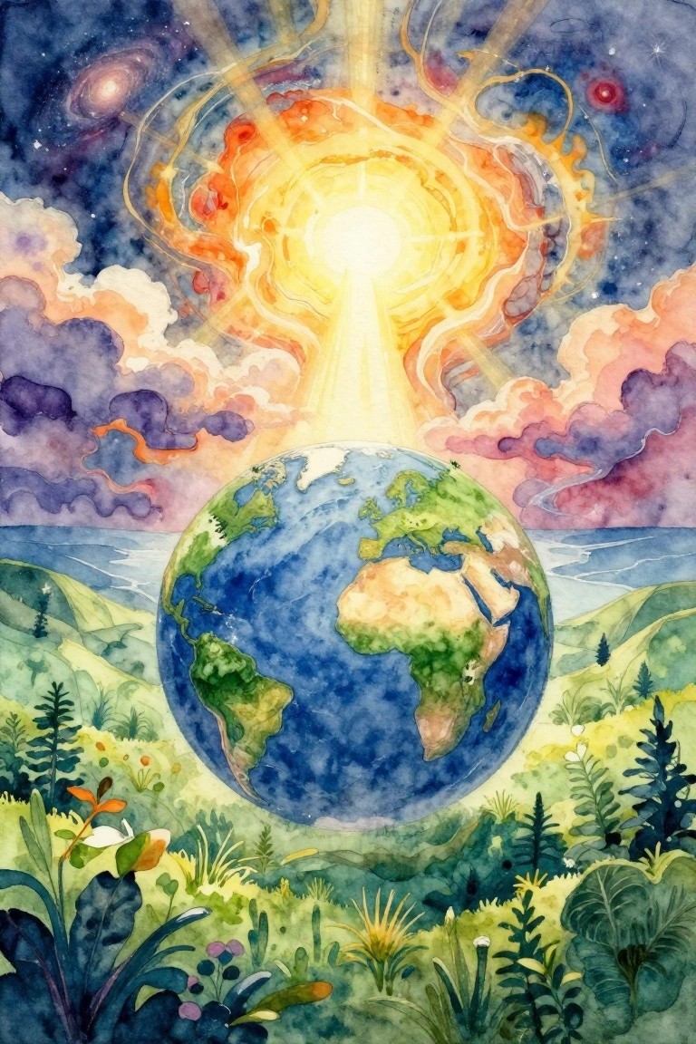 Watercolor painting of Earth globe in green hills and plants, illuminated by golden rays from a bright sun in cosmic blue skies with clouds and galaxies.