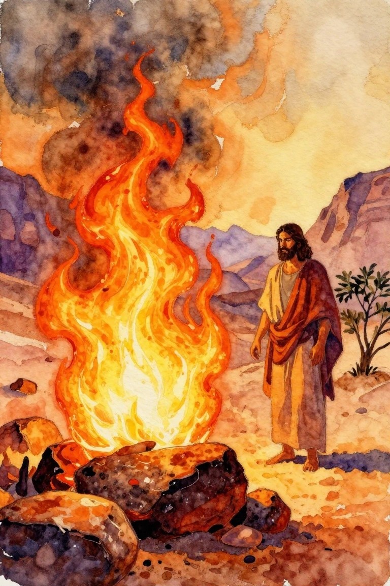 Watercolor painting of a long-haired bearded man in a robe standing barefoot near a large fiery bush in a desert with mountains.