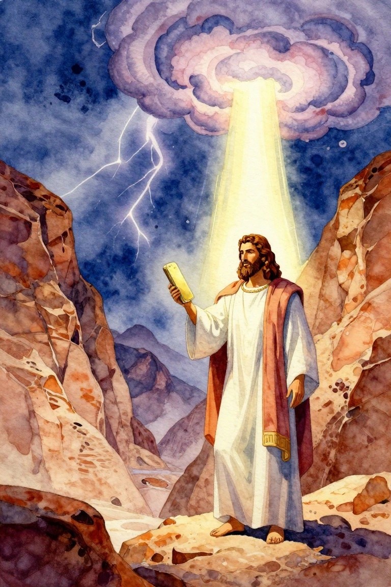 Watercolor painting of Jesus in white robes holding up golden stone tablets in a red rocky canyon, illuminated by a beam of light from purple storm clouds with lightning bolts.