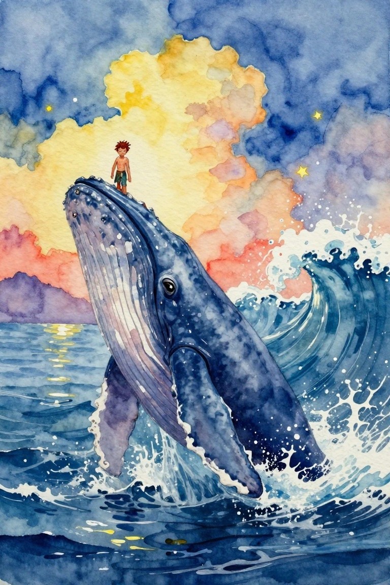 A watercolor painting of a red-haired boy standing on the head of a blue humpback whale breaching from ocean waves under a colorful sunset sky with clouds and stars.