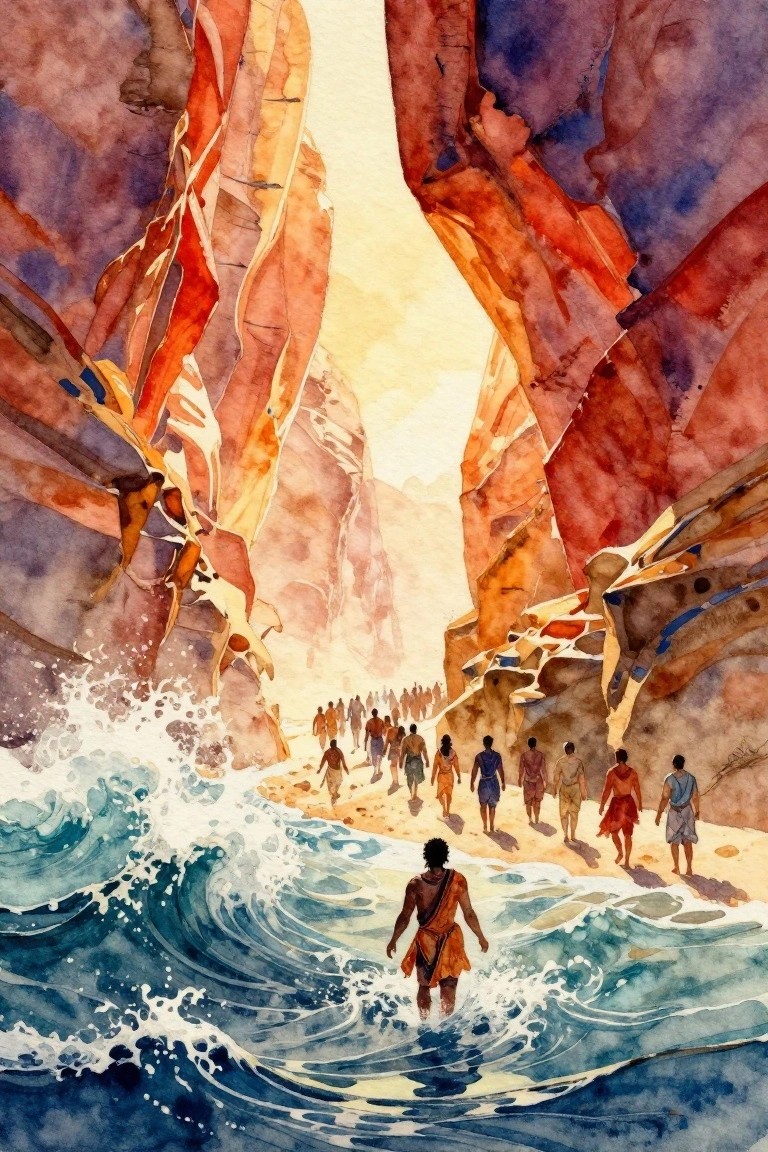 Watercolor of a leader wading into parted blue waves on a sandy path between tall red canyon walls, followed by a group of robed figures.