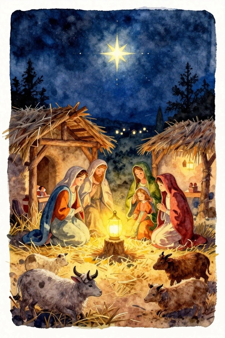 Watercolor Nativity scene with Mary, Joseph, shepherds, child, baby Jesus in a stable, animals, lantern light, and bright star over a night sky.