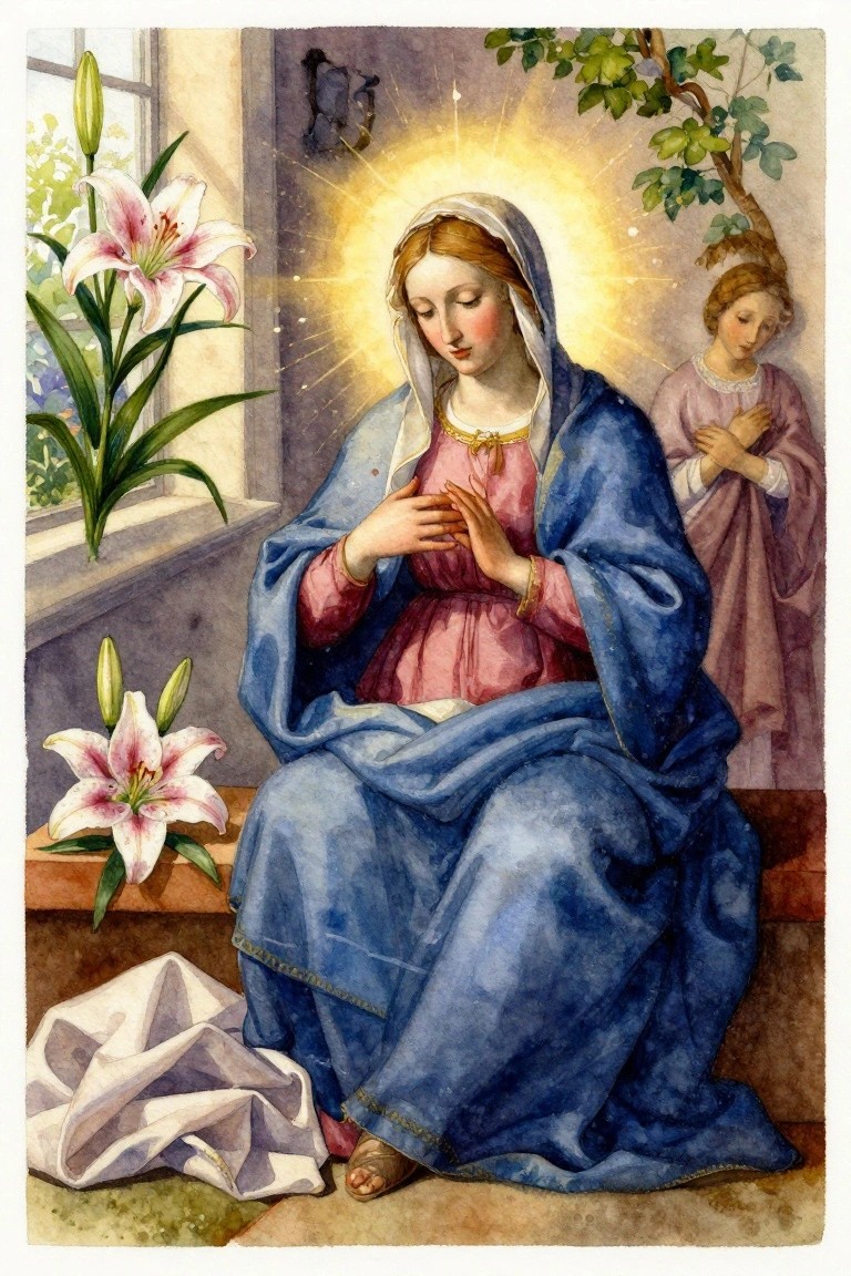 Watercolor painting of Virgin Mary seated with halo and clasped hands in blue robe, child figure praying behind her, white lilies nearby in sunlit room.