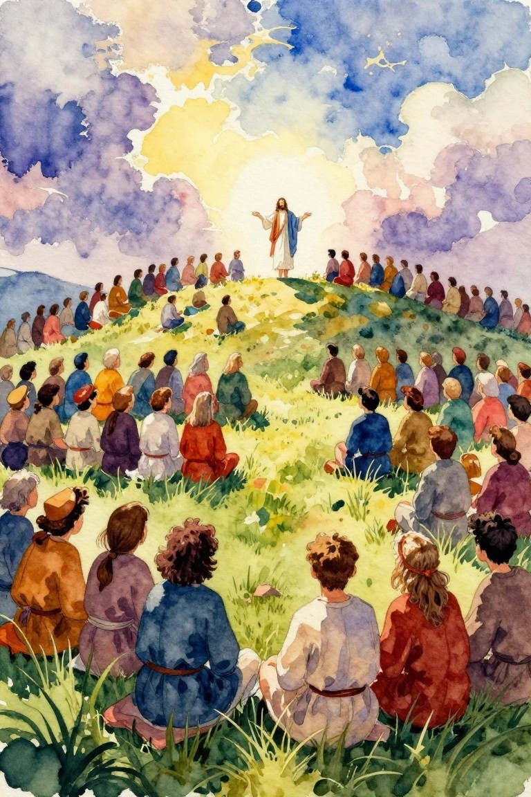 Watercolor of Jesus with arms raised on a hill preaching to a diverse seated crowd under glowing clouds.