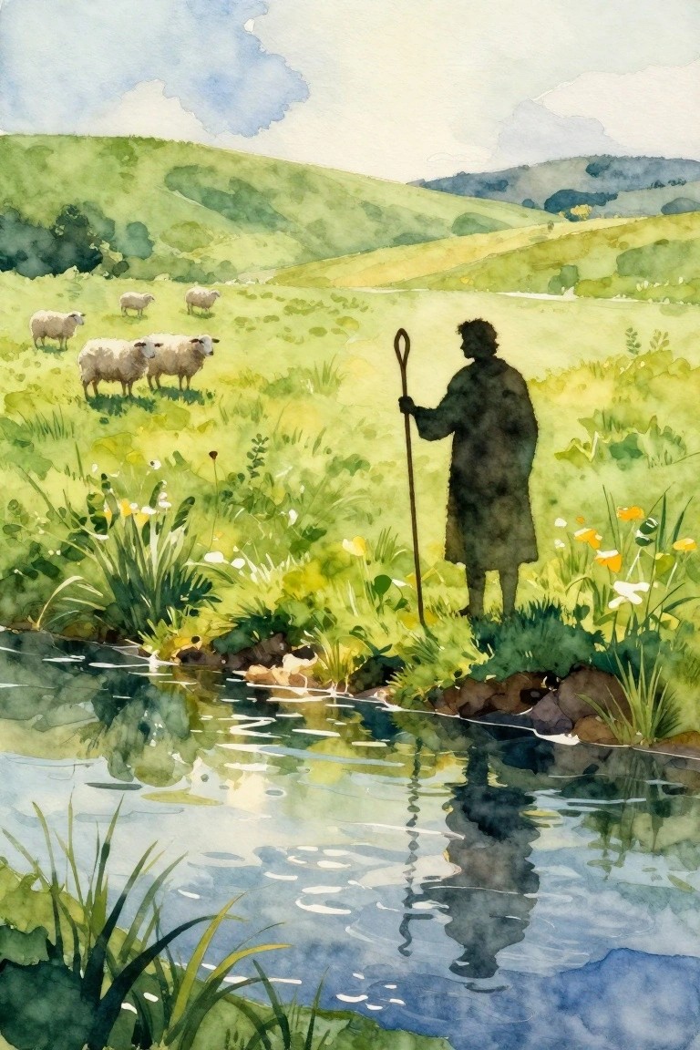 Watercolor landscape of a silhouetted shepherd with staff standing by a stream amid green hills with grazing sheep.