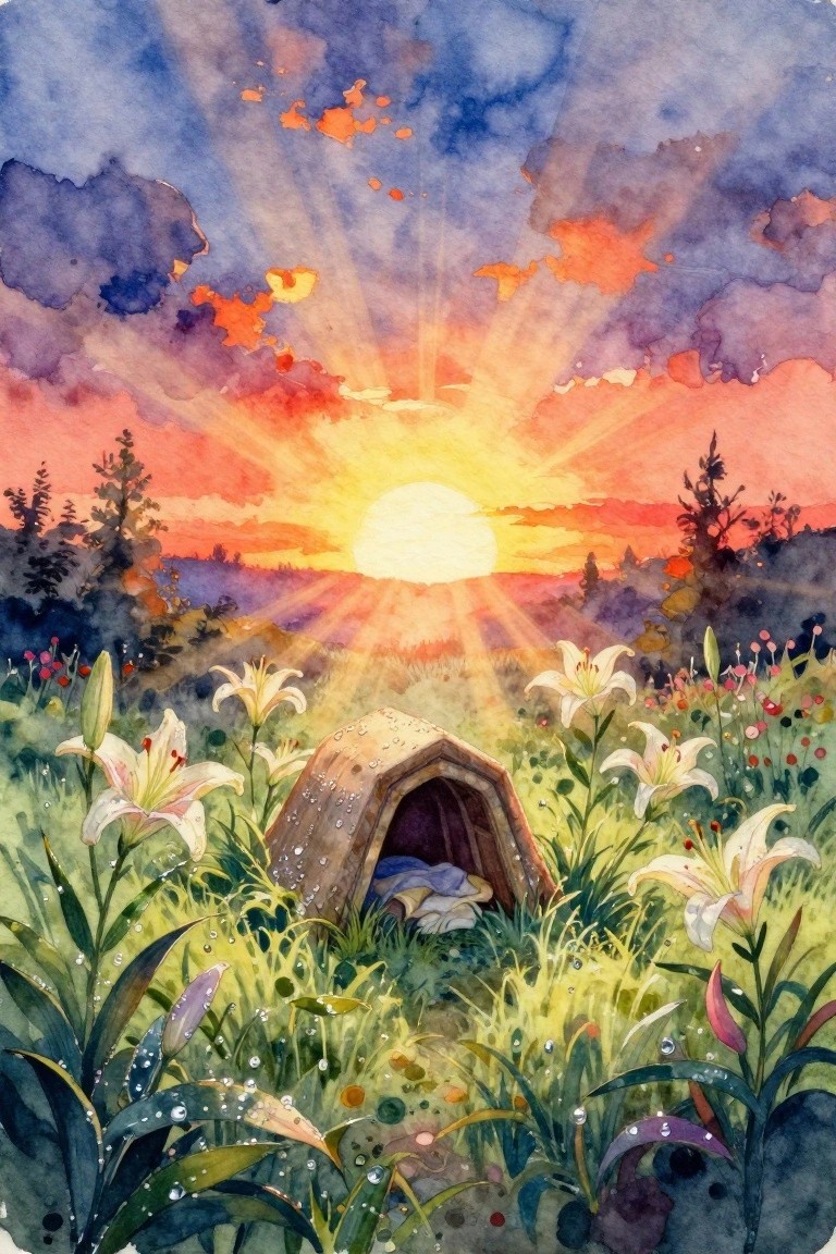 Watercolor landscape of a sunset with light rays over a field of white lilies surrounding a small wooden hut with a sleeping figure inside.