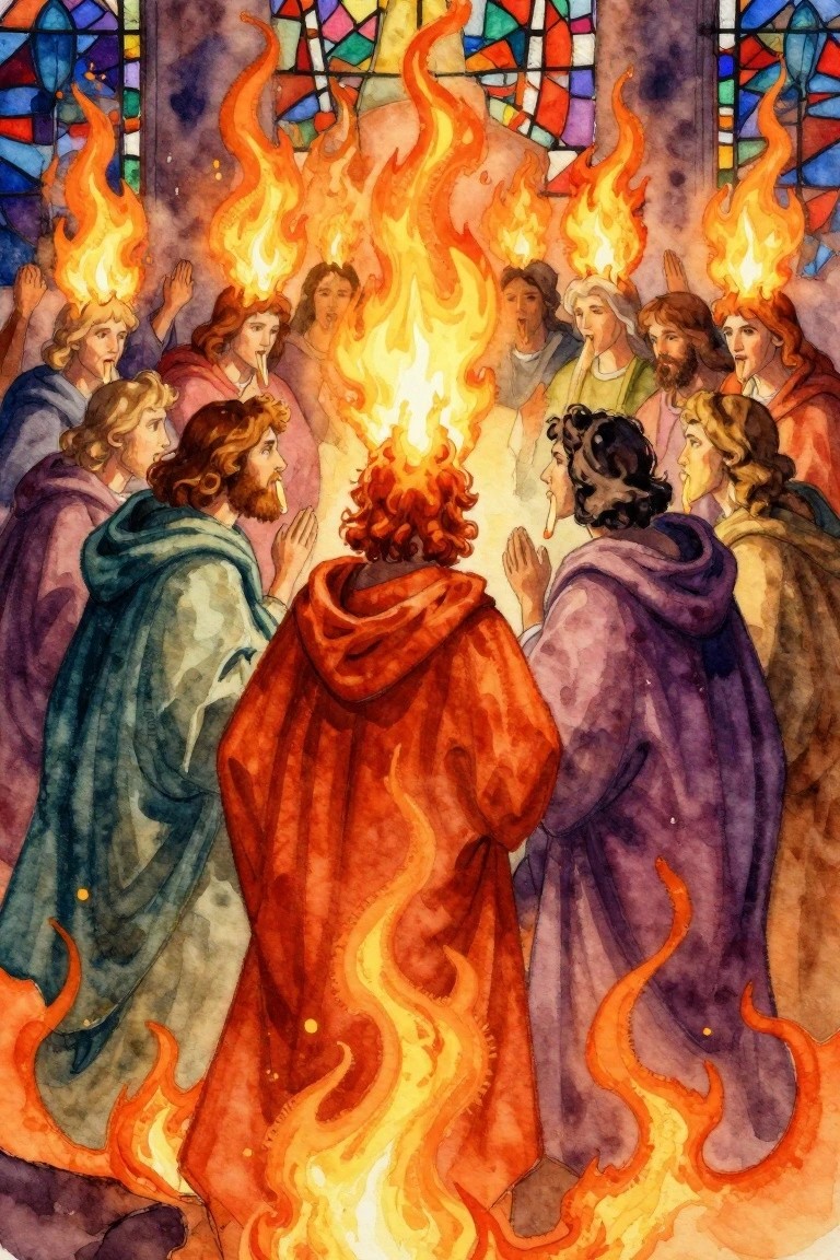 Watercolor artwork of robed apostles in a circle with flames on their heads, set against church stained glass windows.