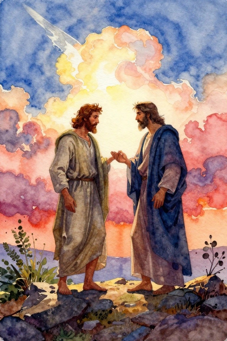 Watercolor painting of two bearded men in robes facing each other on rocks beneath a cloudy sky with golden light rays.