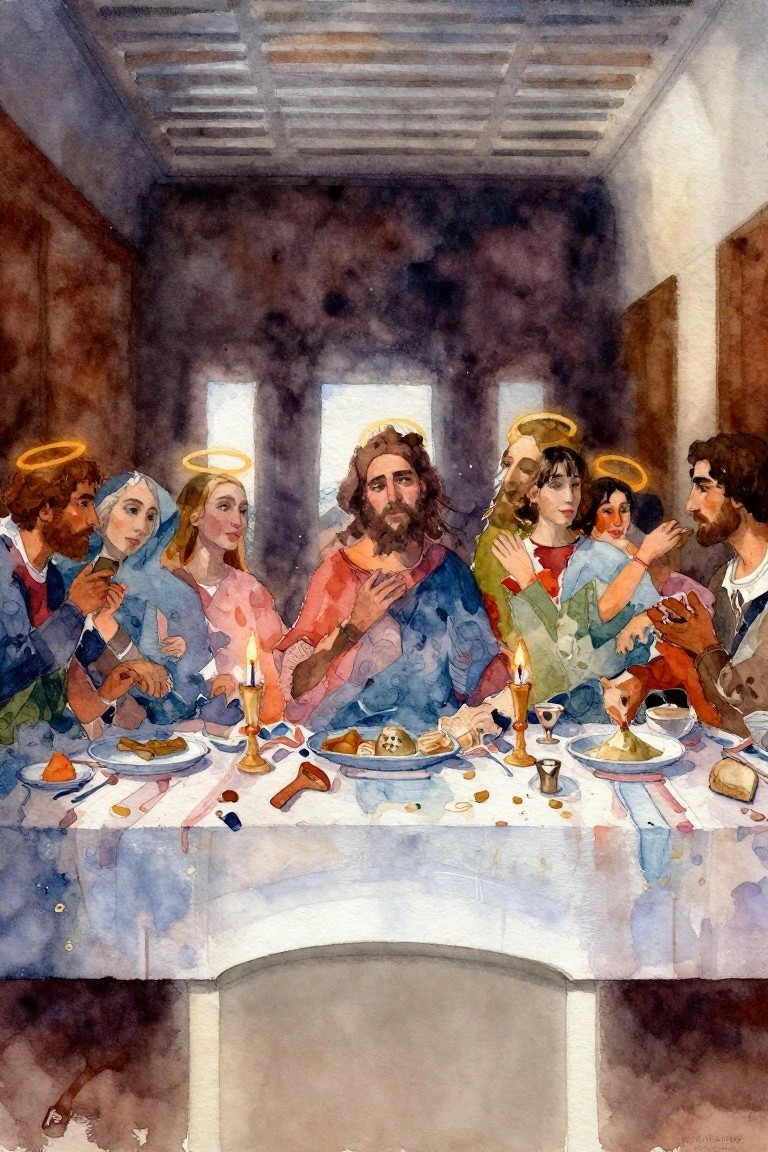 Watercolor painting depicting the Last Supper with Jesus and diverse apostles including women and a child at a candlelit table.