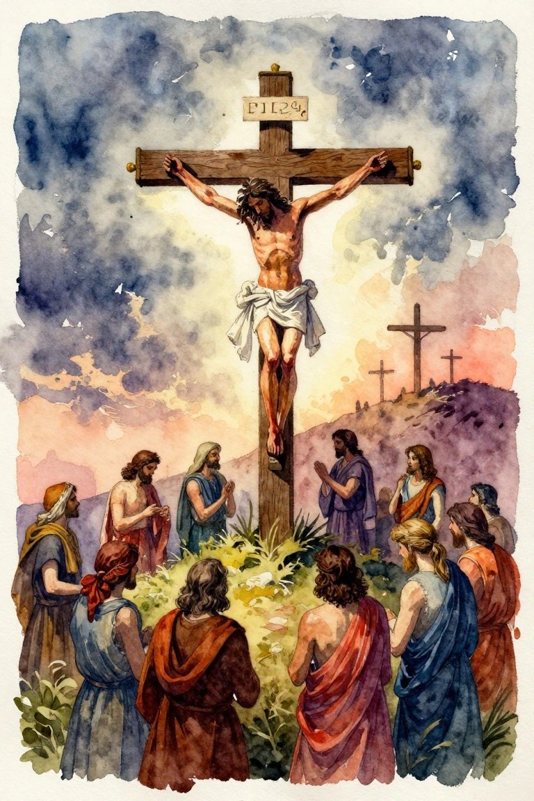 Watercolor of Jesus crucified on a central cross with disciples gathered praying below, two other crosses on a distant hill under a stormy sunset sky.