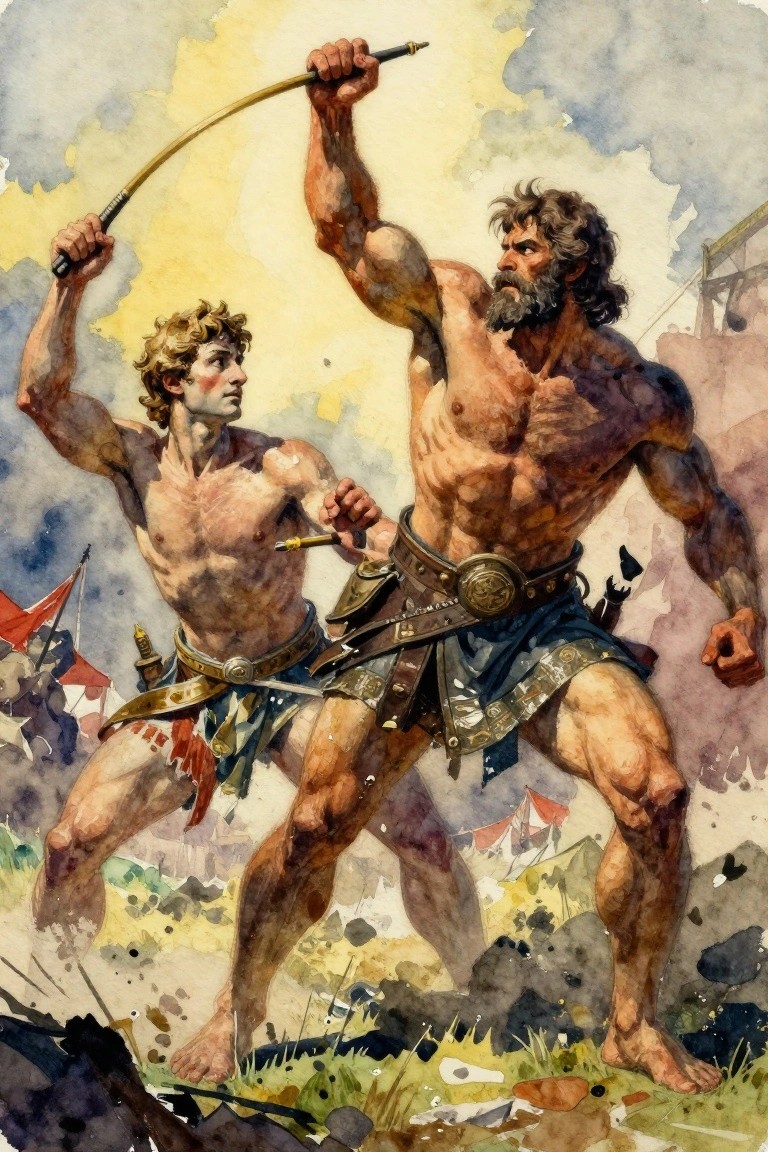 Watercolor painting of a muscular young blond warrior grabbing the thigh of a larger bearded giant wielding a spear amid a battlefield with tents and flags.