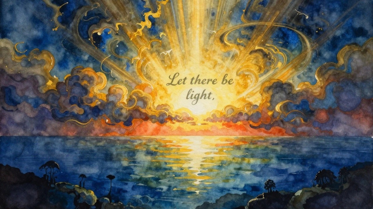 Watercolor painting of golden light rays piercing purple and orange clouds over reflective water with silhouetted robed figures standing nearby and text reading "Let there be light."