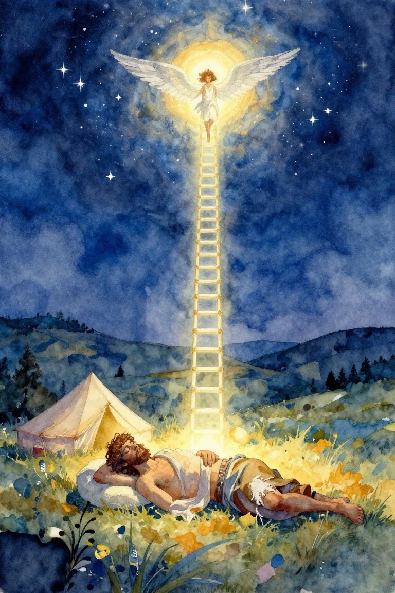 Watercolor-style painting depicting Jacob asleep beside a tent at the base of a tall glowing ladder rising to an angel in a starry night landscape with hills and trees.