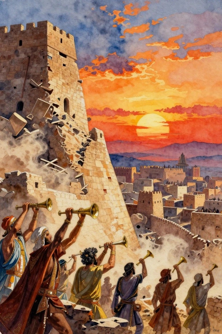Watercolor-style painting of robed figures blowing trumpets near collapsing stone walls and tower of ancient city at sunset.