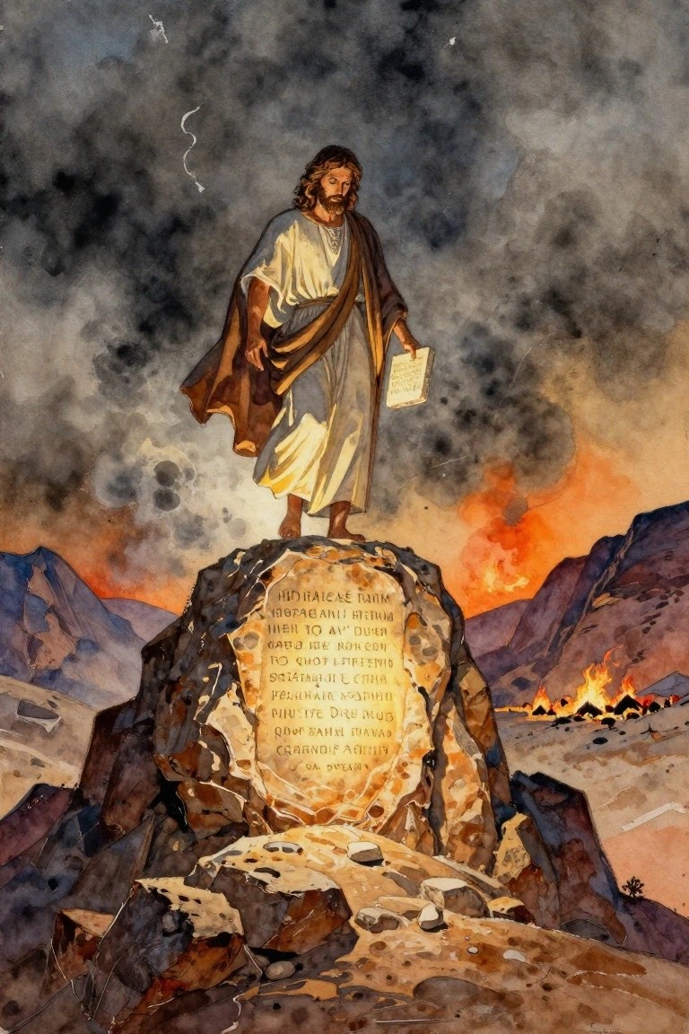 Watercolor-style painting of Jesus in robes standing on a rock engraved with ancient Greek-like text for the Ten Commandments, holding a scroll amid dark skies, orange flames, mountains, and tent camps below.