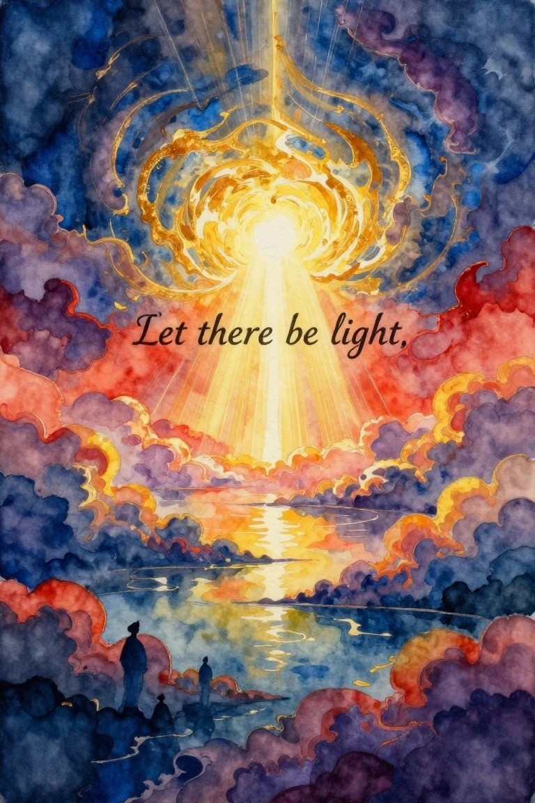 Watercolor painting of golden light rays piercing purple and orange clouds over reflective water with silhouetted robed figures standing nearby and text reading 
