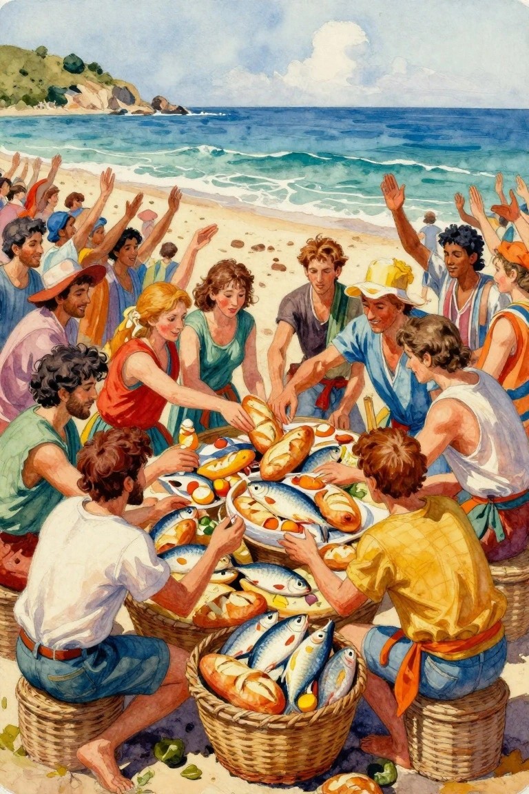 Watercolor illustration of a crowd on a beach gathered around baskets and platters overflowing with bread and fish.