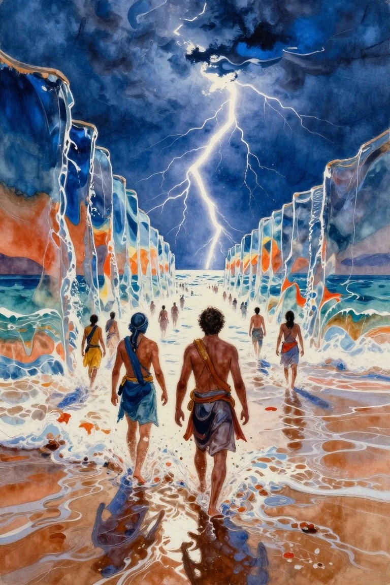 Watercolor of Israelites walking a dry path between massive vertical water walls under a stormy sky with lightning.