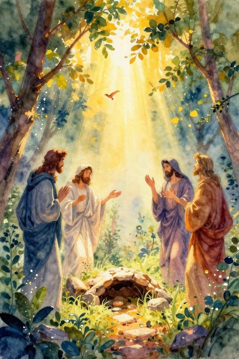 Watercolor painting of Jesus in white robe appearing to three disciples in colored robes near an empty tomb in a sunlit forest glade.