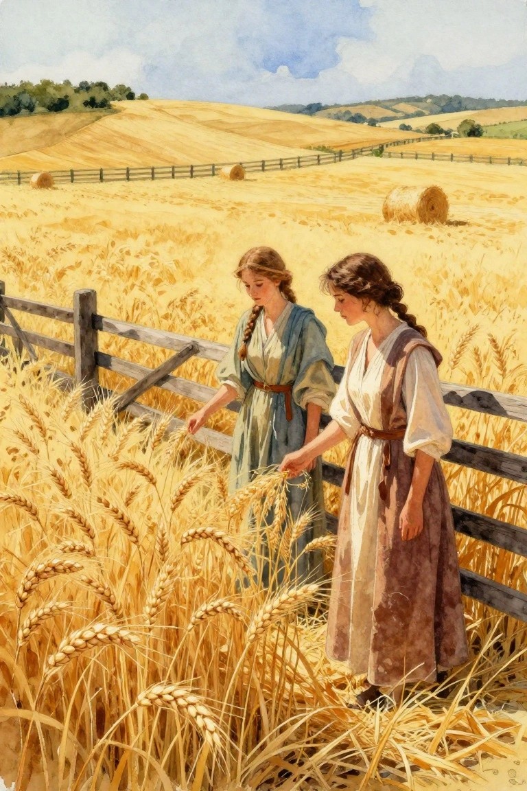Two women in long dresses with braided hair lean over a wooden fence to touch golden wheat stalks in a vast field under a blue sky.