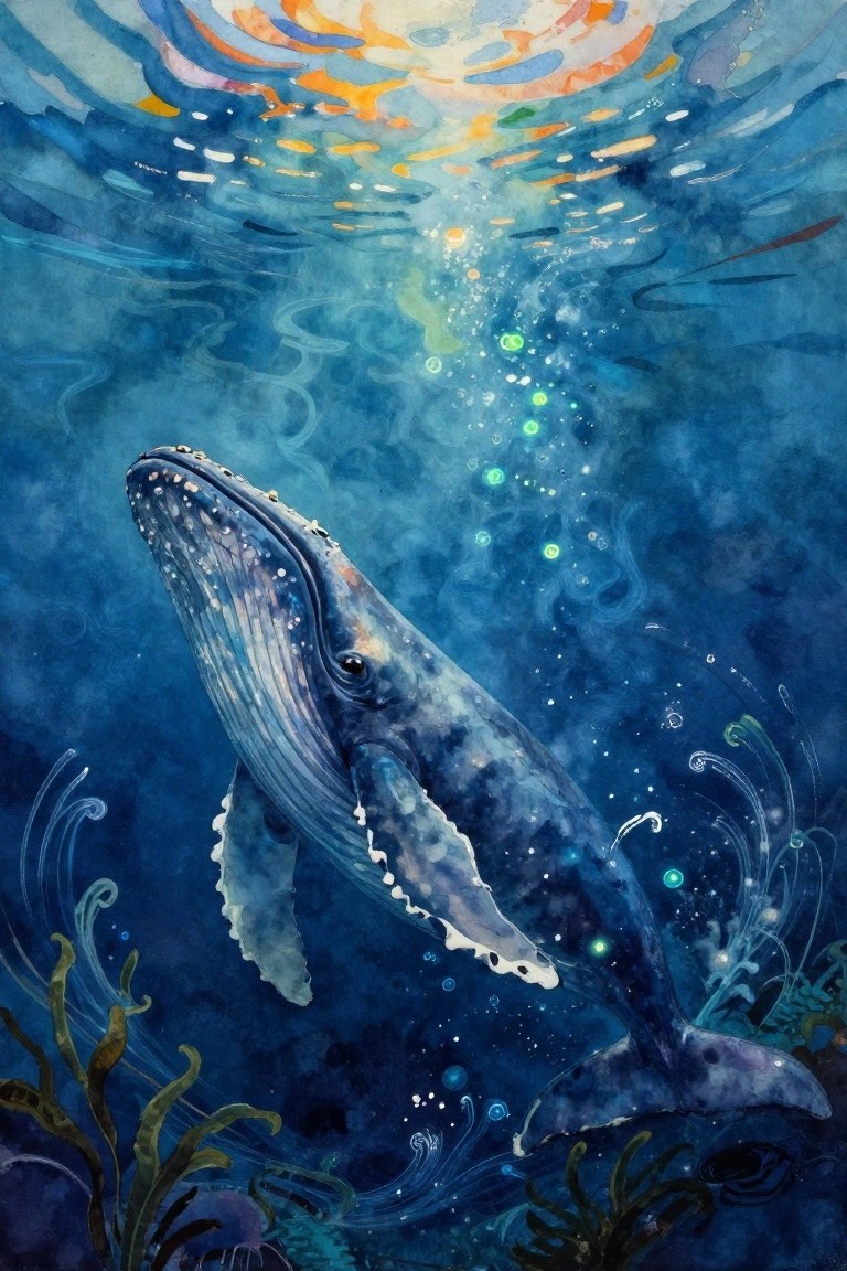 Watercolor painting of a humpback whale swimming upward in blue ocean depths with orange sunlight rays from above, bubbles, seaweed, and glowing spots.