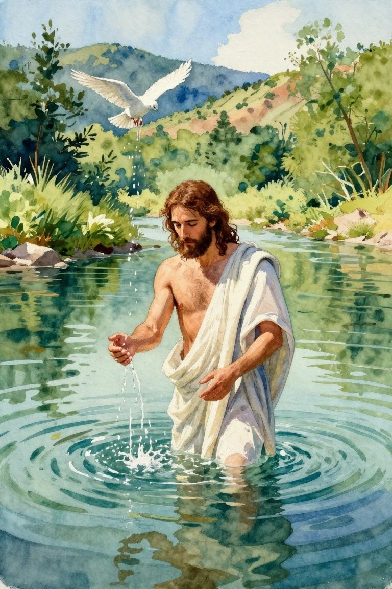 Watercolor painting of Jesus in white cloth standing in green-tinted river water with splashing drops, white dove descending above, trees and hills in background.
