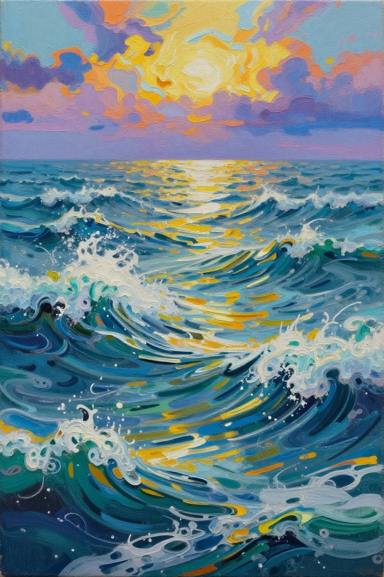 Acrylic painting of a vibrant sunset over turbulent blue ocean waves with golden sun reflections on the water.