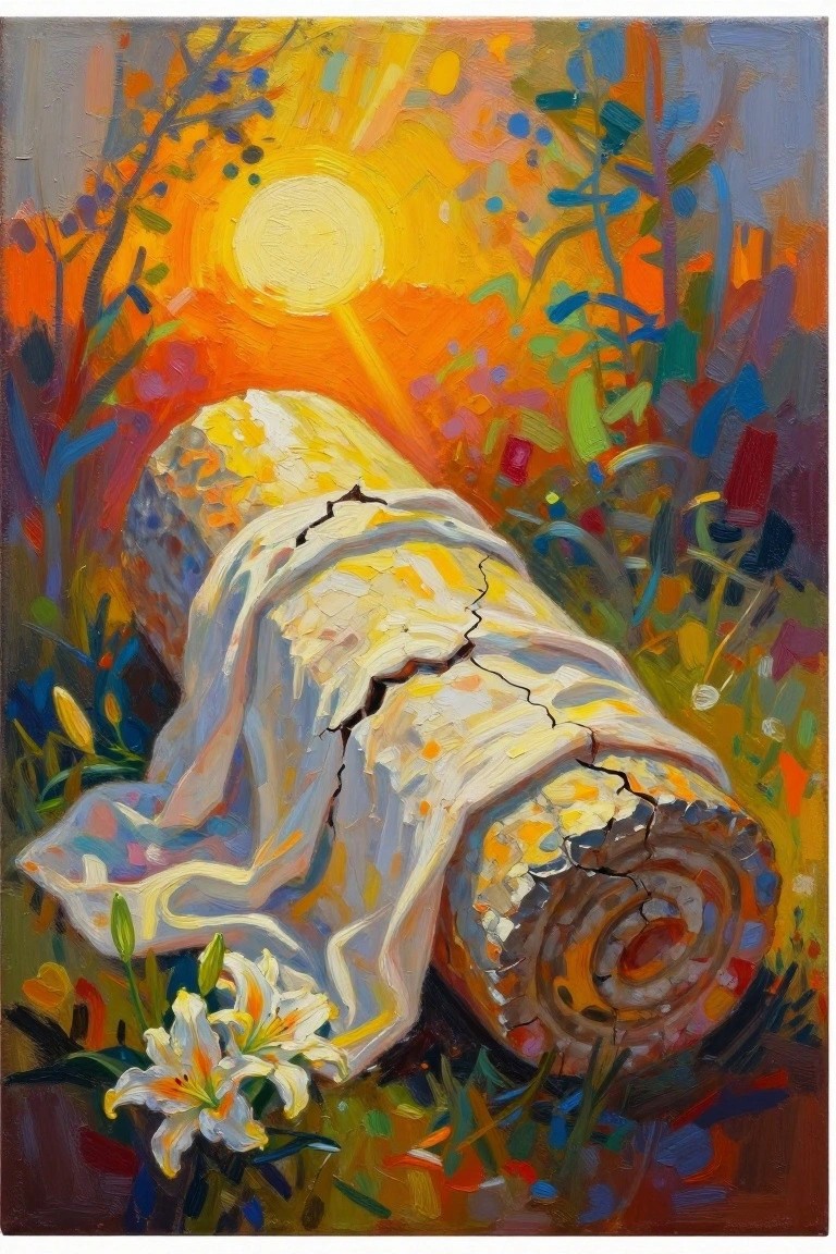 Acrylic painting of a cloth-draped cracked log like a tomb stone amid colorful foliage and white lilies under a bright yellow sun.
