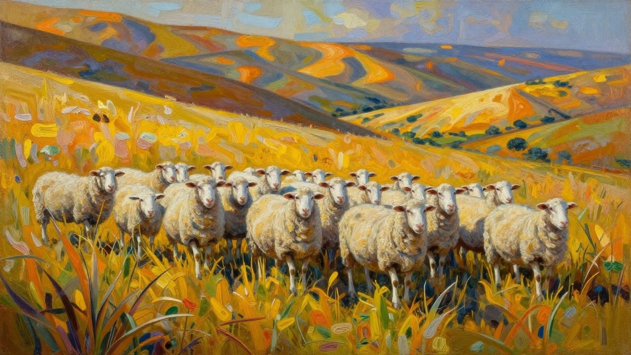 Impressionistic painting of a herd of white sheep walking through golden fields and rolling hills at sunset with colorful skies and distant mountains.