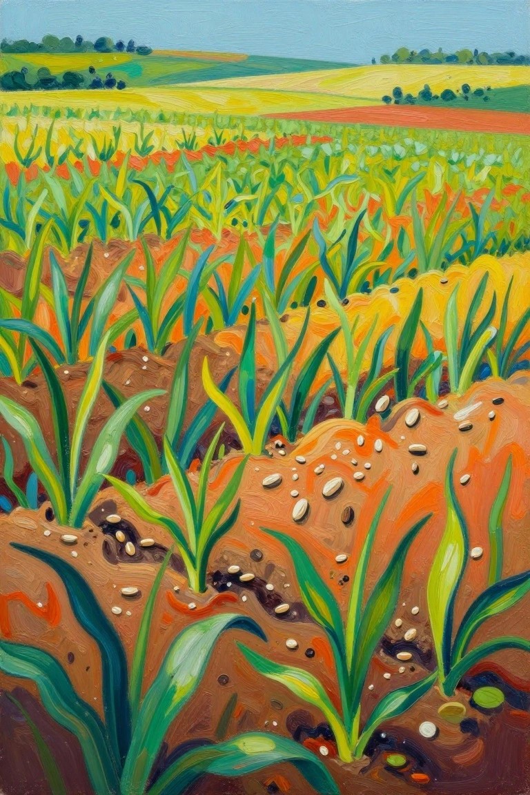 Acrylic-style painting of green corn shoots in orange-brown soil with beans in the foreground, extending to colorful rolling crop fields and blue sky.