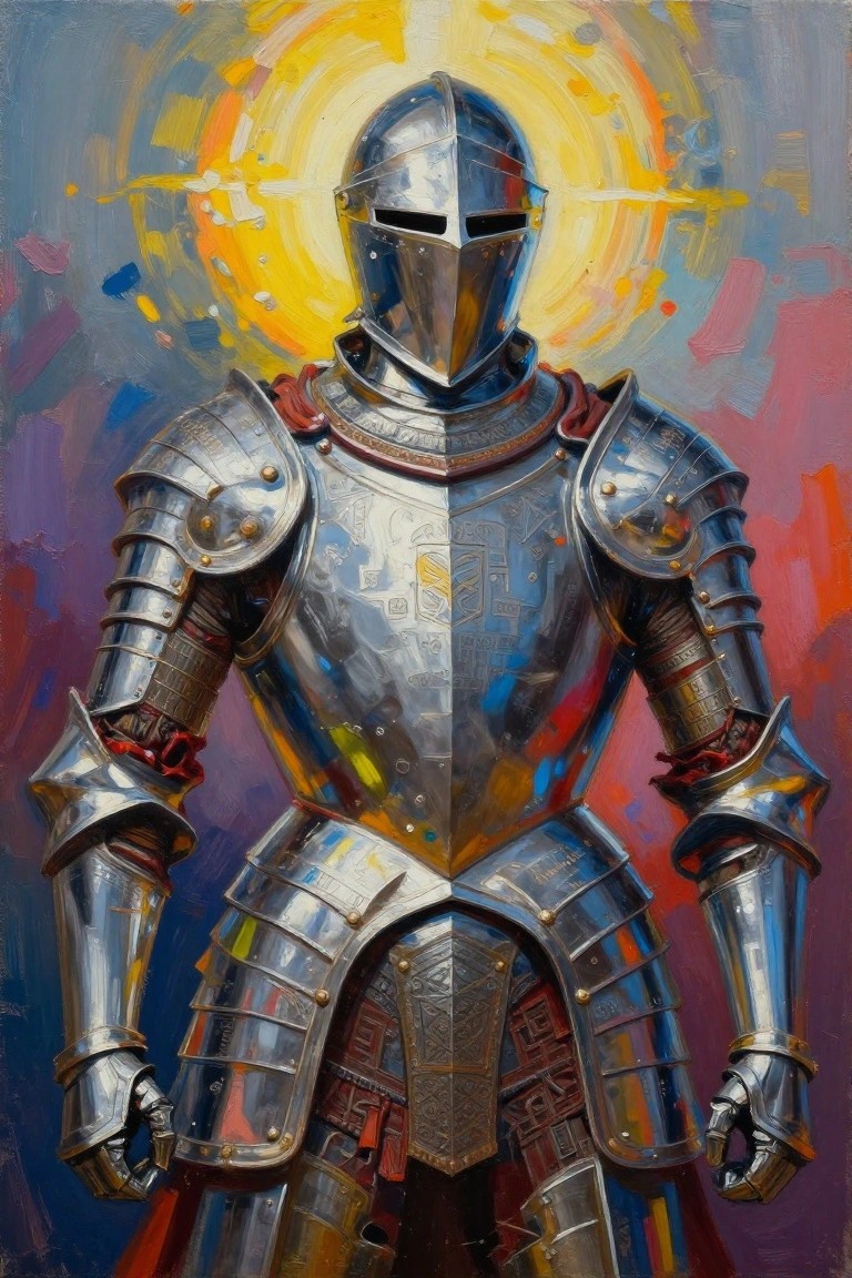 Detailed painting of a knight in ornate silver armor standing with hands at sides, a glowing yellow halo behind the helmet, against swirling colorful background.