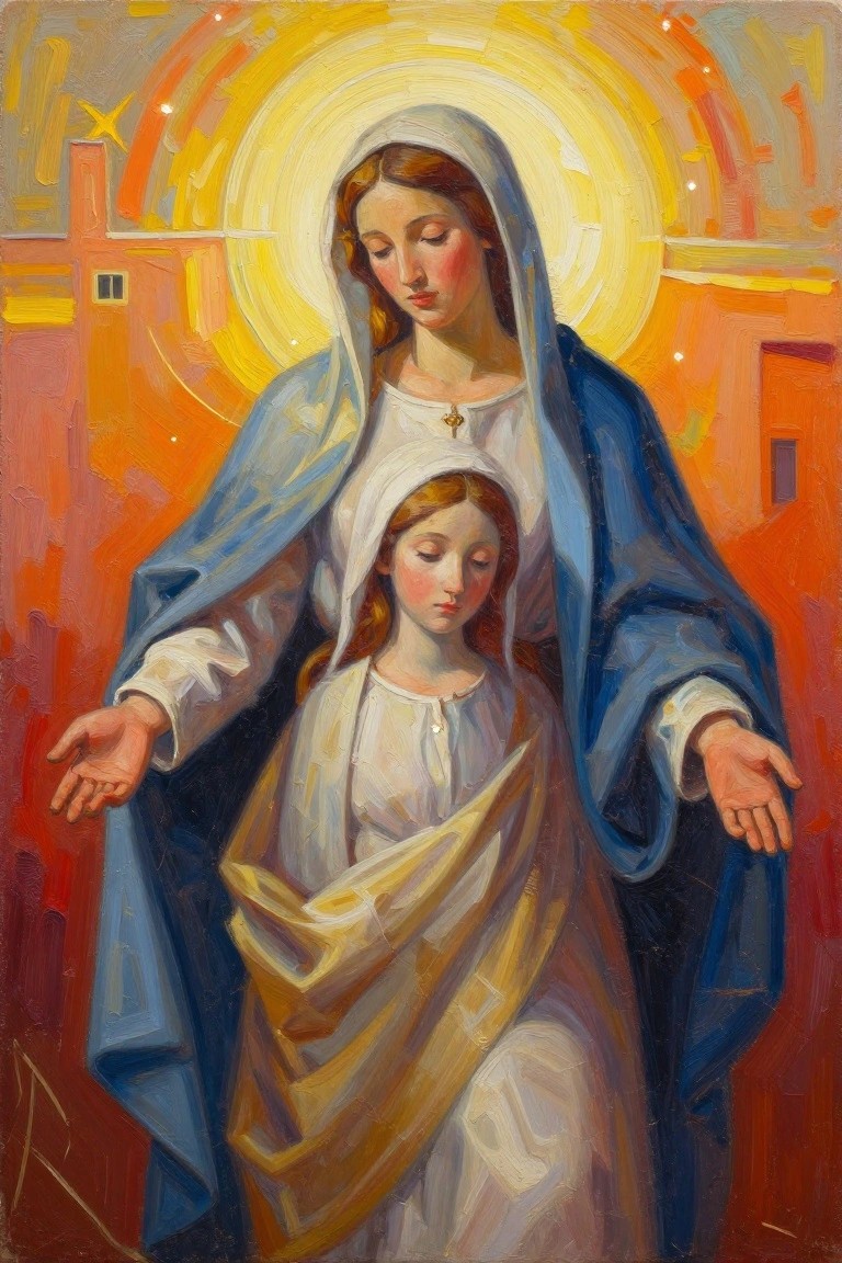 Painting of Virgin Mary in blue mantle with halo extending arms protectively over a young red-haired girl in white veil and dress, set against yellow halo and orange church building.